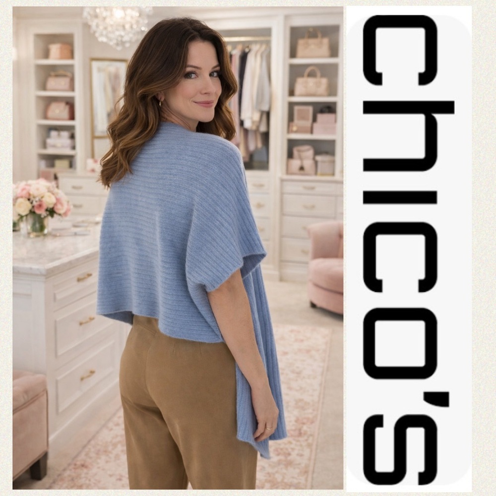 Chico's Sky Blue Ribbed Knit Draped Shawl Cardigan women’s S/M